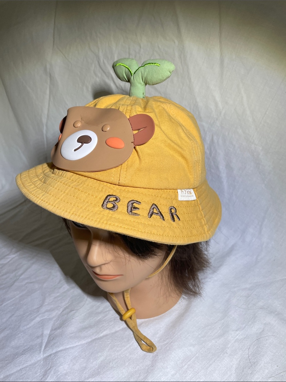 Kids Yellow Bear Bucket Hat with Green Leaf Top